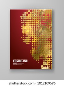 Flyers with patterns in gold and red halftone texture. Polka dots and halftones. For invitation, post card or banner. Vector illustration.