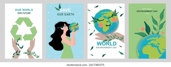 Flyers, postcards. Social media stories about World Environment Day .The recycling sign is in your hands . The girl from the planet.Vector 10eps