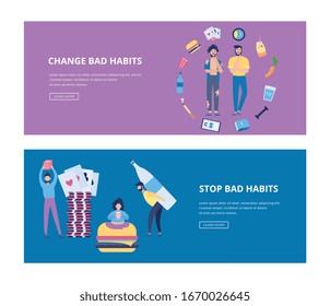 Flyers or posters set with claiming to stop bad unhealthy habits, flat vector illustration on colorful background background. Addictions and dangerous habits fight.