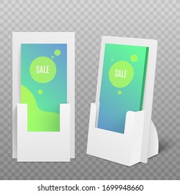 Flyers or promo materials cardboard display mockups set, realistic vector illustration isolated on white background. Commercial advertising POS cards holder.