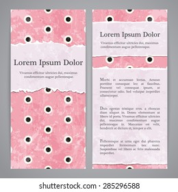 Flyers with retro patterns - polka dots on pink background. Textured grunge vector patterns for vintage and hipster invitation or banner.