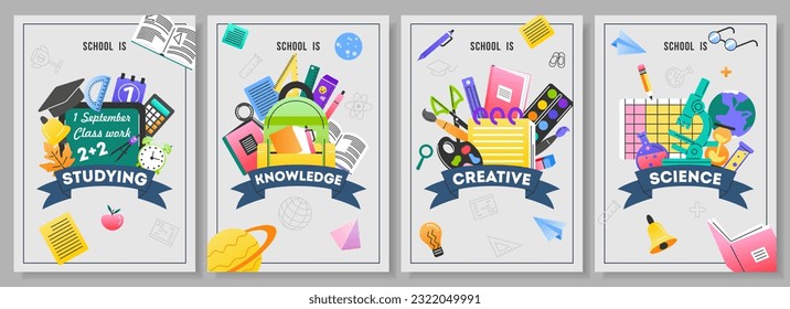 Flyers with school supplies set. Banners with globe, pencils, ruler, backpack, microscope, books and notebooks. A4 posters with education, learning, and stationery. Cartoon flat vector illustrations