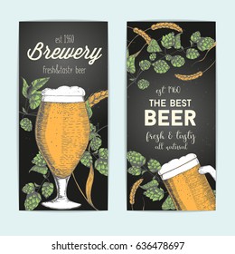 Flyers set with beer glasses, barley and hops. Vector illustration in sketch style. Hand drawn colorful beer vertical banners. Engraved style image.