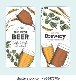 Flyers set with beer glasses, barley and hops. Vector illustration in sketch style. Hand drawn colorful beer vertical banners. Engraved style image.