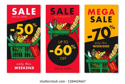 Flyers set for grocery store with sale advertising, with shopping basket full of meal goods, fresh food in linear graphic, leaflet with percentage discount up to 50, 60 and 70 per cent