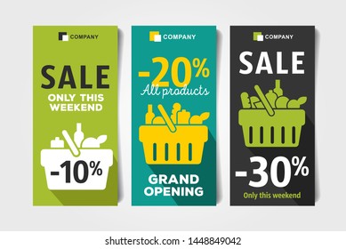 Flyers set for grocery store with shopping basket pictogram full of meal goods, simple mordern graphic leaflet with percentage discount up to 10, 20 and 30 per cent, event advertising