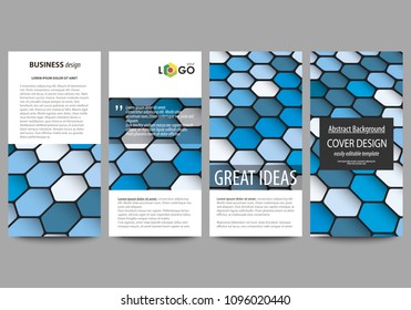 Flyers set, modern banners. Business templates. Cover design template, easy editable vector layouts. Blue color hexagons in perspective. Abstract polygonal style background.