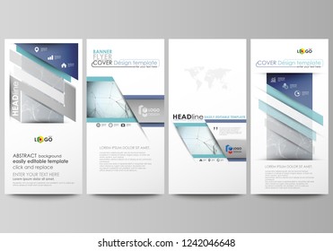 Flyers set, modern banners. Business templates. Cover design template, abstract vector layouts. Chemistry pattern, connecting lines and dots, molecule structure, scientific medical DNA research.