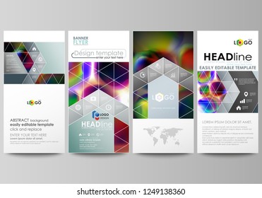 Flyers set, modern banners. Business templates. Cover template, easy editable flat layouts, vector illustration. Colorful design background with abstract shapes, bright cell backdrop.