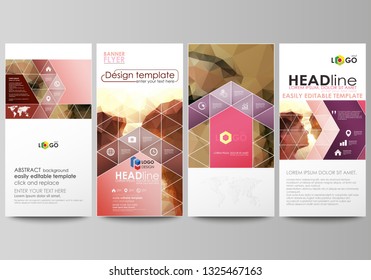 Flyers set, modern banners. Business templates. Cover design template, easy editable abstract vector layouts. Romantic couple kissing. Beautiful background. Geometrical pattern in triangular style
