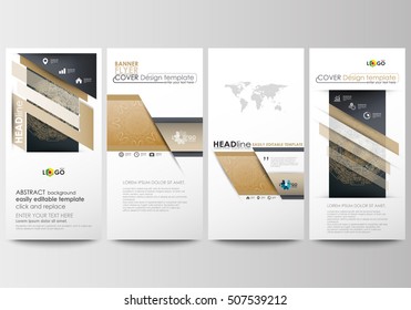 Flyers set, modern banners. Business templates. Cover design template, easy editable, flat layouts. Golden technology background, connection structure with connecting dots and lines, science vector.