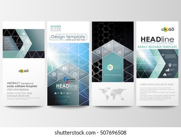 Flyers set, modern banners. Business templates. Cover design template, easy editable vector layouts. Chemistry pattern, hexagonal molecule structure. Medicine, science, technology concept.