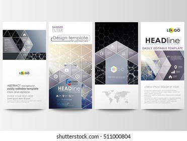 Flyers set, modern banners. Business templates. Cover design template, easy editable vector layouts. Chemistry pattern, hexagonal molecule structure. Medicine, science, technology concept.