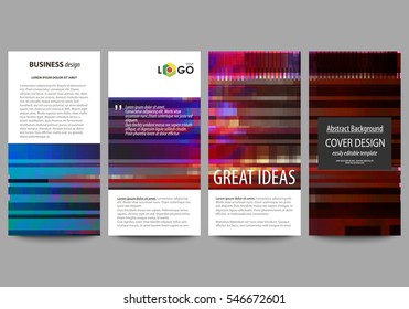 Flyers set, modern banners. Business templates. Cover design template, abstract vector layouts. Glitched background made of colorful pixel mosaic. Digital decay, signal error. Trendy glitch backdrop.