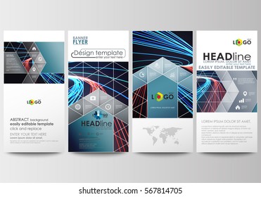 Flyers set, modern banners. Business templates. Cover template, easy editable, flat layouts. Abstract lines background with color glowing neon streams, motion design vector