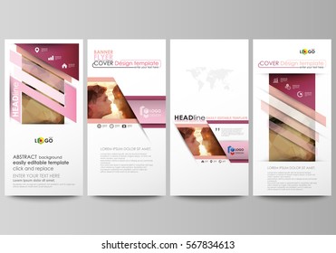 Flyers set, modern banners. Business templates. Cover design template, easy editable abstract vector layouts. Romantic couple kissing. Beautiful background. Geometrical pattern in triangular style