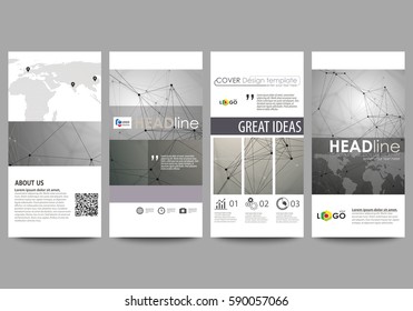Flyers set, modern banners. Business templates. Cover design template, easy editable abstract vector layouts. Chemistry pattern, molecule structure on gray background. Science and technology concept