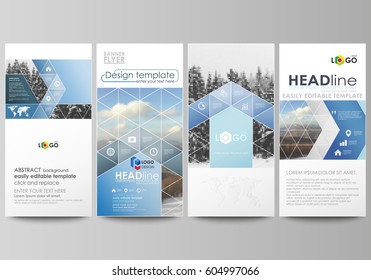 Flyers set, modern banners. Business templates. Cover design template, easy editable vector layouts. Abstract landscape of nature. Dark color pattern in vintage style, mosaic texture.