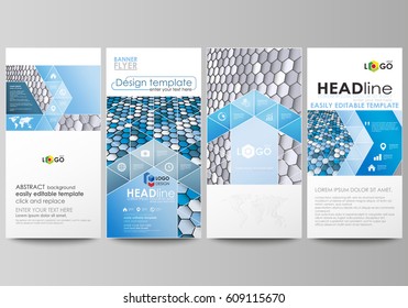Flyers set, modern banners. Business templates. Cover design template, easy editable vector layouts. Blue and gray color hexagons in perspective. Abstract polygonal style background