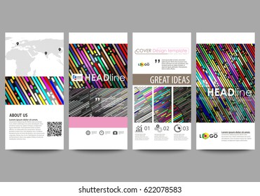 Flyers set, modern banners. Business templates. Cover design template, easy editable vector layouts. Colorful background made of stripes. Abstract tubes and dots. Glowing multicolored texture.