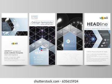 Flyers set, modern banners. Business templates. Cover design template, easy editable abstract vector layouts. Sacred geometry, glowing geometrical ornament. Mystical background.