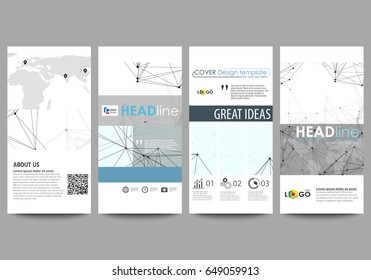 Flyers set, modern banners. Business templates. Cover design template, abstract vector layouts. Chemistry pattern, connecting lines and dots, molecule structure on white, geometric graphic background