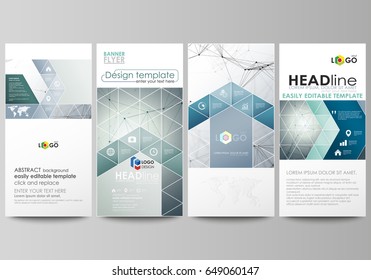 Flyers set, modern banners. Business templates. Cover design template, vector layouts. Genetic and chemical compounds. Atom, DNA and neurons. Medicine, chemistry, science concept. Geometric background