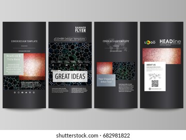 Flyers set, modern banners. Business templates. Cover design template, vector layouts. Chemistry pattern, molecular texture, polygonal molecule structure, cell. Medicine, science, microbiology concept
