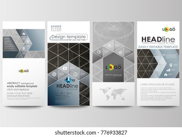 Flyers set, modern banners. Business templates. Cover design template, easy editable, flat layouts. Abstract 3D construction and polygonal molecules on gray background, scientific technology vector.