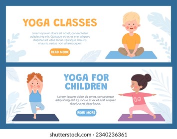 Flyers set tamplate with girls and boys in yoga poses. Happy little kids doing yoga exercise and meditation. Vector children healthy gymnastic set. Yoga classes advertising