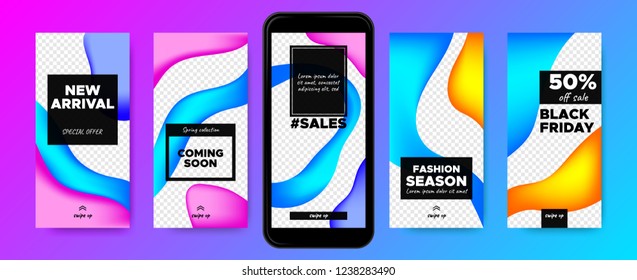 Flyers for Stories Design. Templates for Social Media Marketing. Colorful Gradient Fluid Shapes with Swipe Buttons. Concept of Sales Flyer. Product Promotion on Phone. Web Story Pack, Network Flyers.