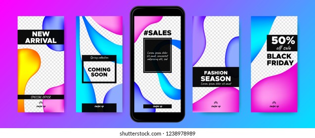 Flyers for Stories Design. Templates for Social Media Marketing. Colorful Gradient Fluid Shapes with Swipe Buttons. Concept of Sales Flyer. Product Promotion on Phone. Web Story Pack, Network Flyers.