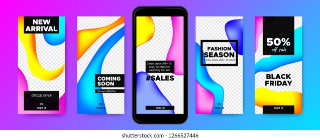 Flyers for Stories Design. Templates for Social Media Marketing. Colorful Gradient Fluid Shapes with Swipe Buttons. Concept of Sales Flyer. Product Promotion on Phone. Web Story Pack, Network Flyers.