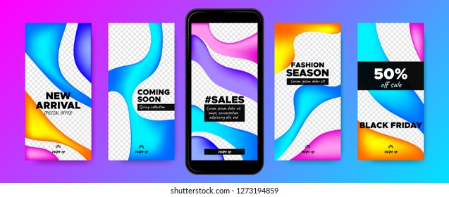 Flyers for Stories Design. Templates for Social Media Marketing. Colorful Gradient Fluid Shapes with Swipe Buttons. Concept of Sales Flyer. Product Promotion on Phone. Web Story Pack, Network Flyers.