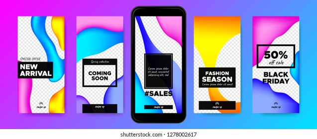 Flyers for Stories Design. Templates for Social Media Marketing. Colorful Gradient Fluid Shapes with Swipe Buttons. Concept of Sales Flyer. Product Promotion on Phone. Web Story Pack, Network Flyers.