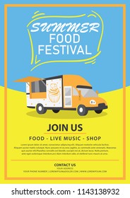 Flyers of Summer food festival with food truck image. Vector illustration