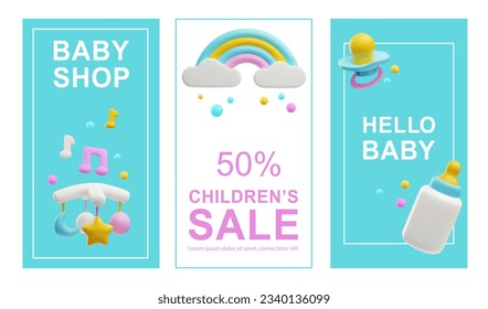 Flyers tamplate in 3d render design with bright entertaining childrens toys and nutrition for newborn. Colorful rainbow, bottle with pacifier and carousel. Advertising banners for baby shop