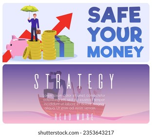 Flyers tamplate set of successful business protection strategy and leadership in financial crisis storm. Business man stands on money under umbrella. Insurance and risk management vector illustrations