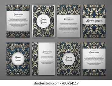 Flyers template set with complicated abstract ornament pattern. Vector greeting card design. Front page and back page.