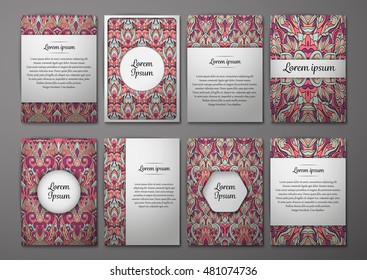Flyers template set with complicated abstract ornament pattern. Vector greeting card design. Front page and back page.