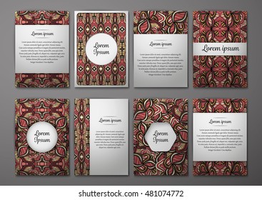 Flyers template set with complicated abstract ornament pattern. Vector greeting card design. Front page and back page.