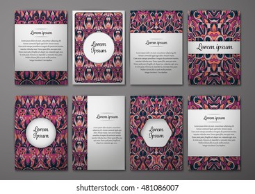 Flyers template set with complicated abstract ornament pattern. Vector greeting card design. Front page and back page.