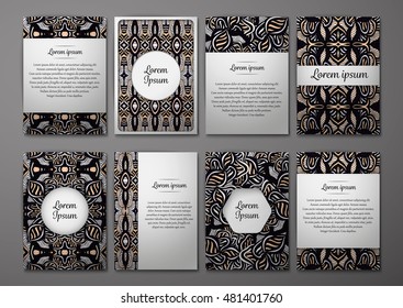 Flyers template set with complicated abstract ornament pattern. Vector greeting card design. Front page and back page.