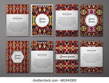 Flyers template set with complicated abstract ornament pattern. Vector greeting card design. Front page and back page.