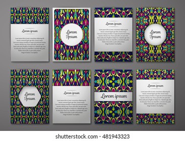Flyers template set with complicated abstract ornament pattern. Vector greeting card design. Front page and back page.