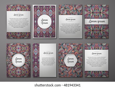 Flyers template set with complicated abstract ornament pattern. Vector greeting card design. Front page and back page.