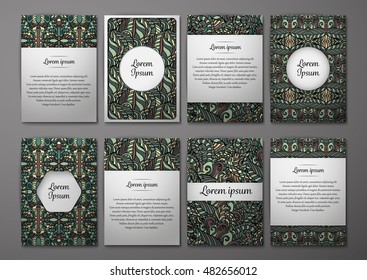 Flyers template set with complicated abstract ornament pattern. Vector greeting card design. Front page and back page.