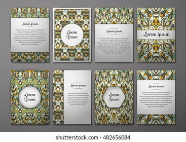 Flyers template set with complicated abstract ornament pattern. Vector greeting card design. Front page and back page.