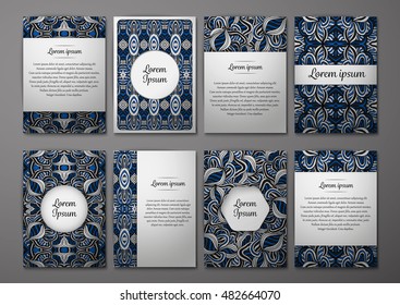 Flyers template set with complicated abstract ornament pattern. Vector greeting card design. Front page and back page.