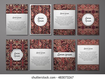 Flyers template set with complicated abstract ornament pattern. Vector greeting card design. Front page and back page.
